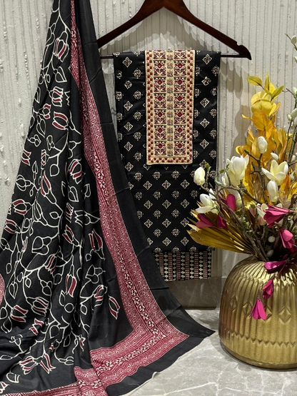 Cotton Embroidered Black Unstitched Dress Material With Dupatta