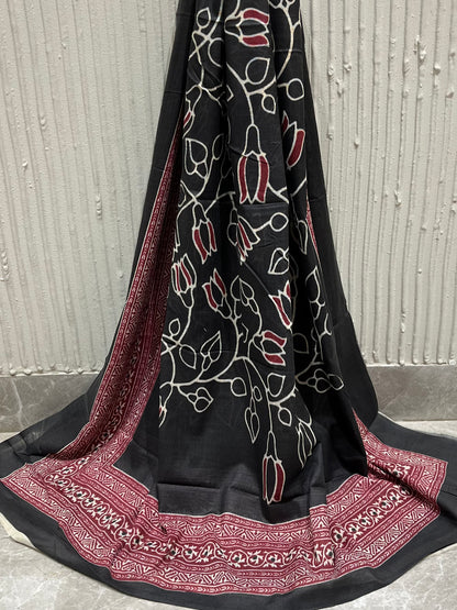 Cotton Embroidered Black Unstitched Dress Material With Dupatta