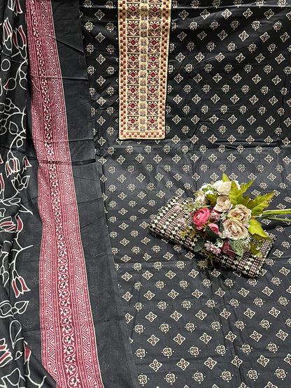 Cotton Embroidered Black Unstitched Dress Material With Dupatta