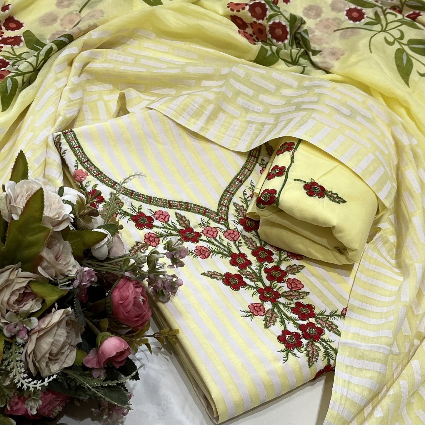 Cotton Embroidered Yellow Unstitched Dress Material With Dupatta