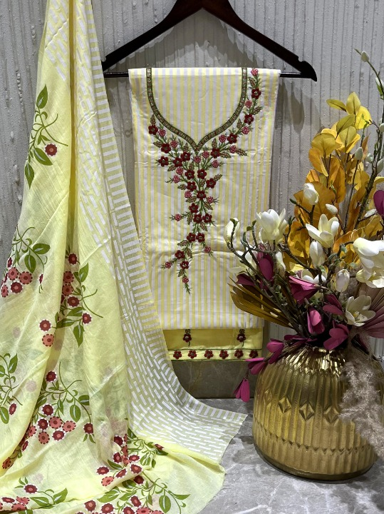 Cotton Embroidered Yellow Unstitched Dress Material With Dupatta