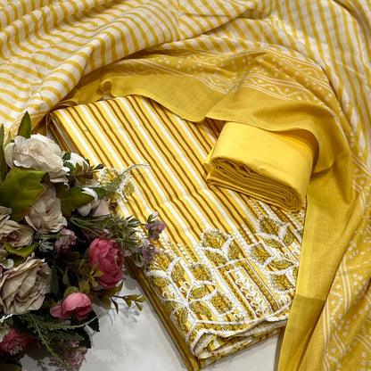 Cotton Embroidered Yellow Striped Unstitched Dress Material With Dupatta