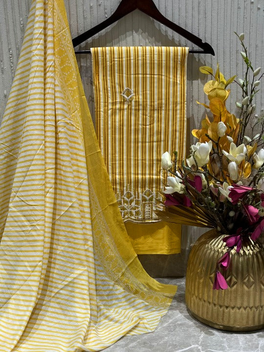 Cotton Embroidered Yellow Striped Unstitched Dress Material With Dupatta