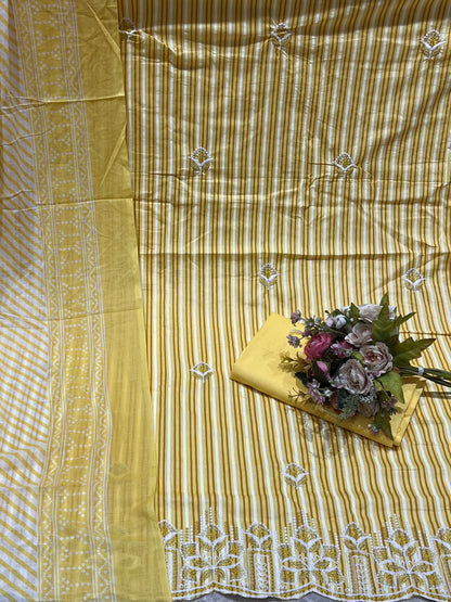 Cotton Embroidered Yellow Striped Unstitched Dress Material With Dupatta