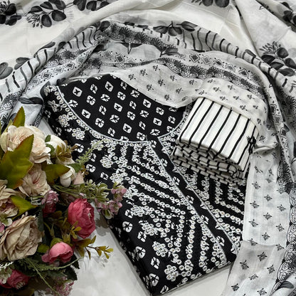 Cotton Embroidered Black & White Unstitched Dress Material With Dupatta