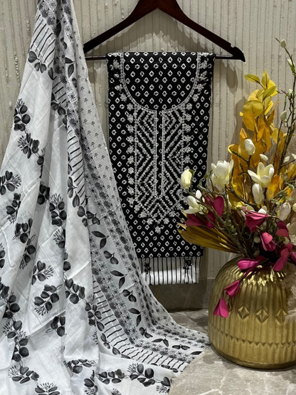 Cotton Embroidered Black & White Unstitched Dress Material With Dupatta