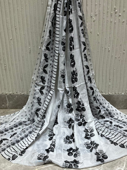 Cotton Embroidered Black & White Unstitched Dress Material With Dupatta