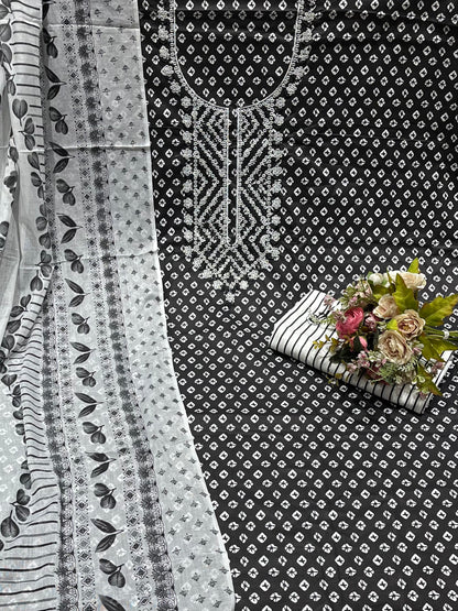 Cotton Embroidered Black & White Unstitched Dress Material With Dupatta