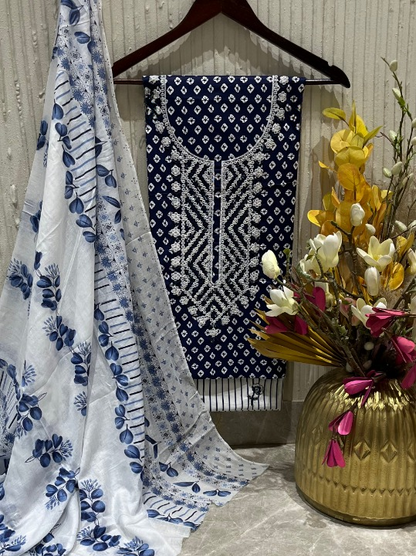 Cotton Embroidered Blue & White Unstitched Salwar Dress Material With Dupatta