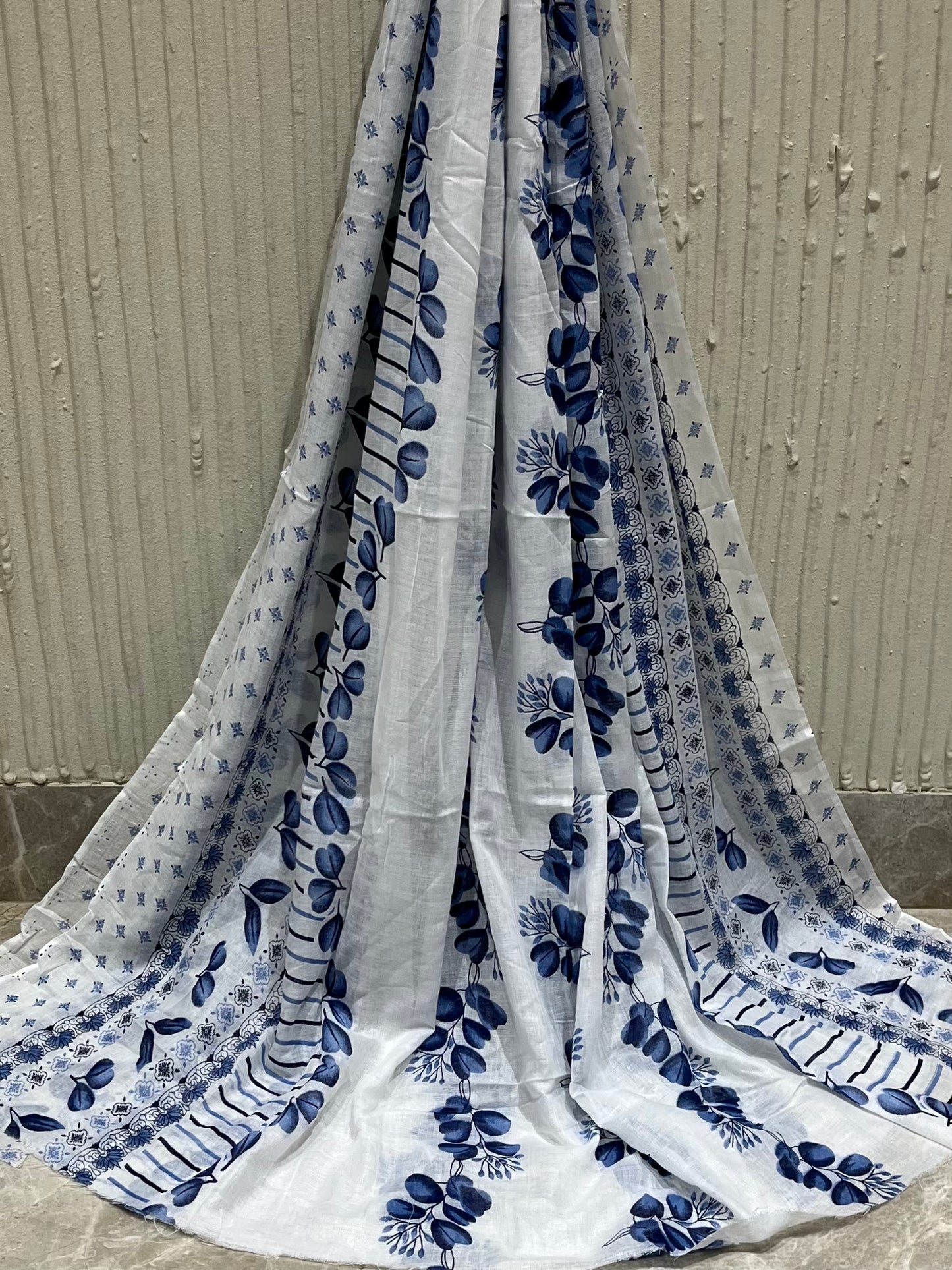 Cotton Embroidered Blue & White Unstitched Salwar Dress Material With Dupatta