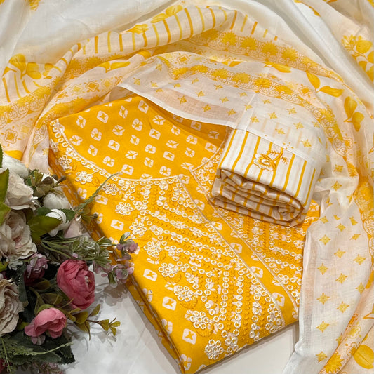 Cotton Embroidered Yellow & White Unstitched Dress Material With Dupatta