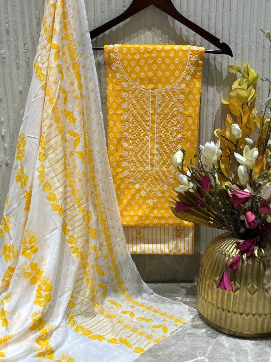 Cotton Embroidered Yellow & White Unstitched Dress Material With Dupatta