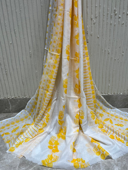 Cotton Embroidered Yellow & White Unstitched Dress Material With Dupatta