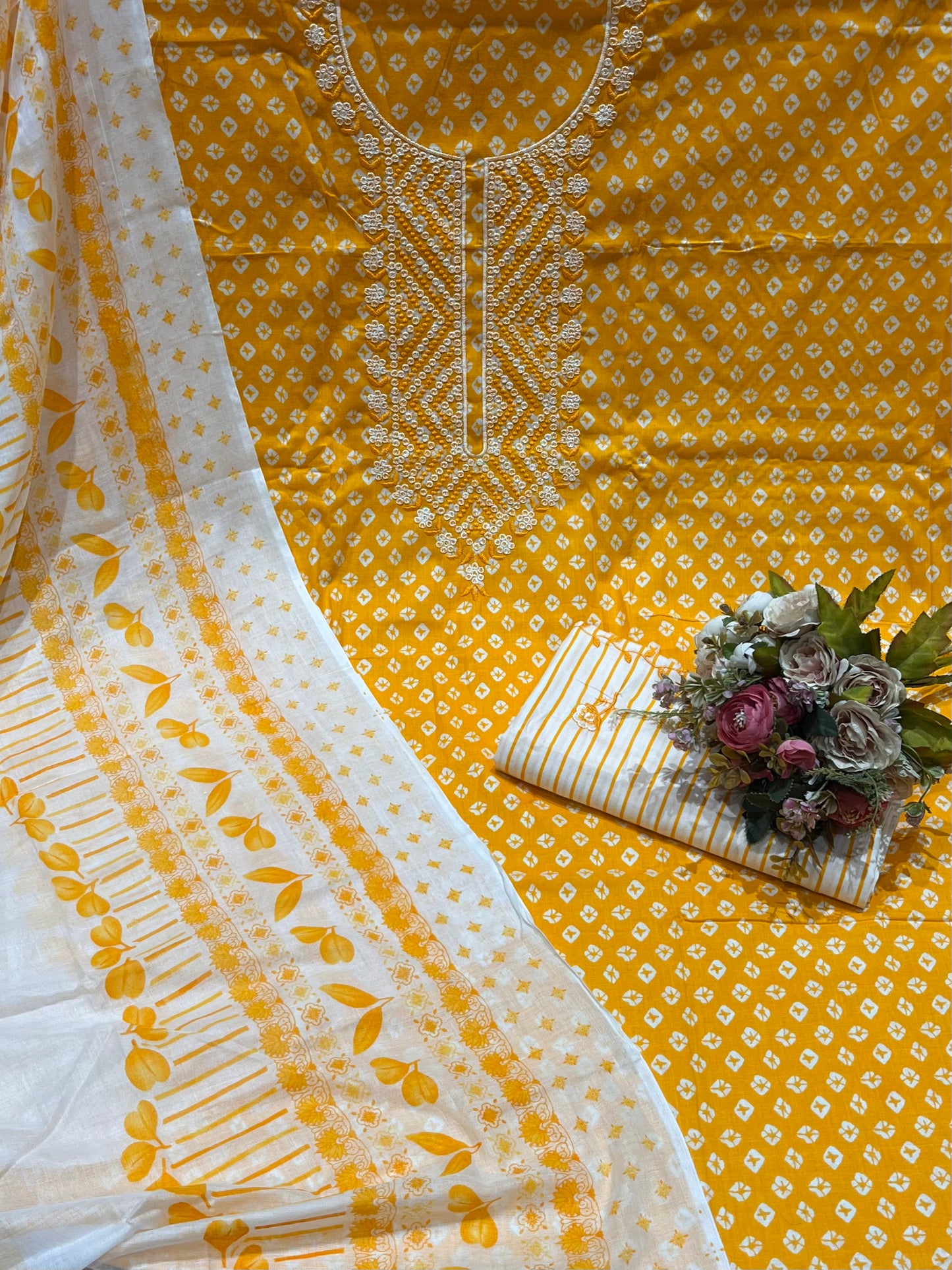 Cotton Embroidered Yellow & White Unstitched Dress Material With Dupatta