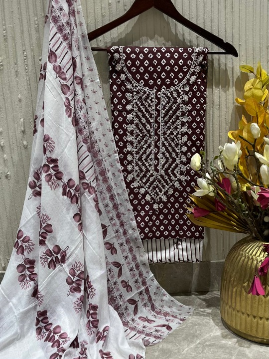 Cotton Embroidered Maroon Unstitched Salwar Dress Material With Dupatta