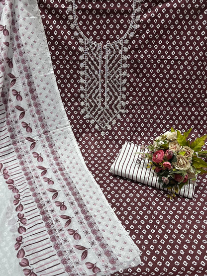 Cotton Embroidered Maroon Unstitched Salwar Dress Material With Dupatta