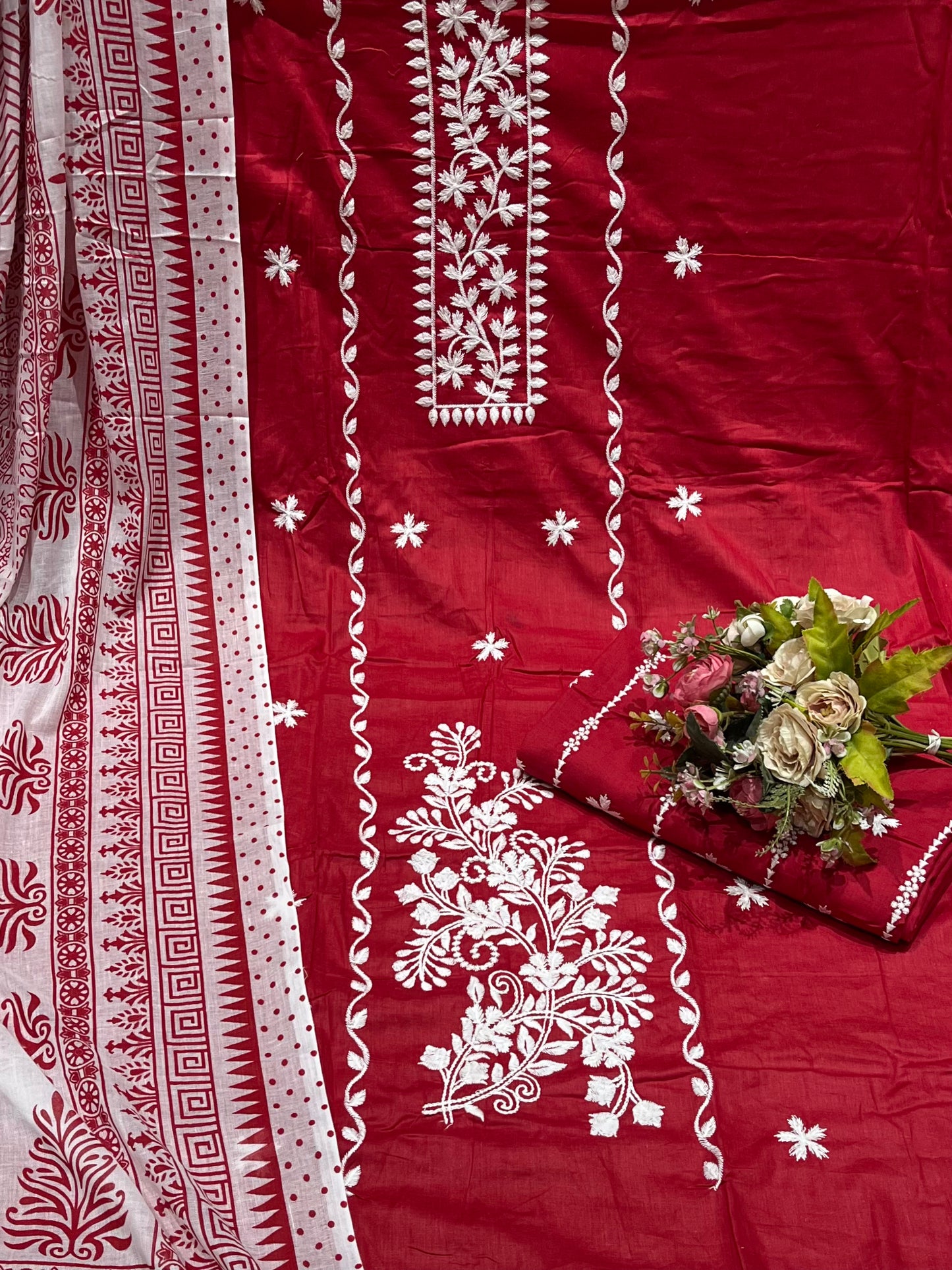 Cotton Embroidered Red Unstitched Salwar Dress Material With Dupatta