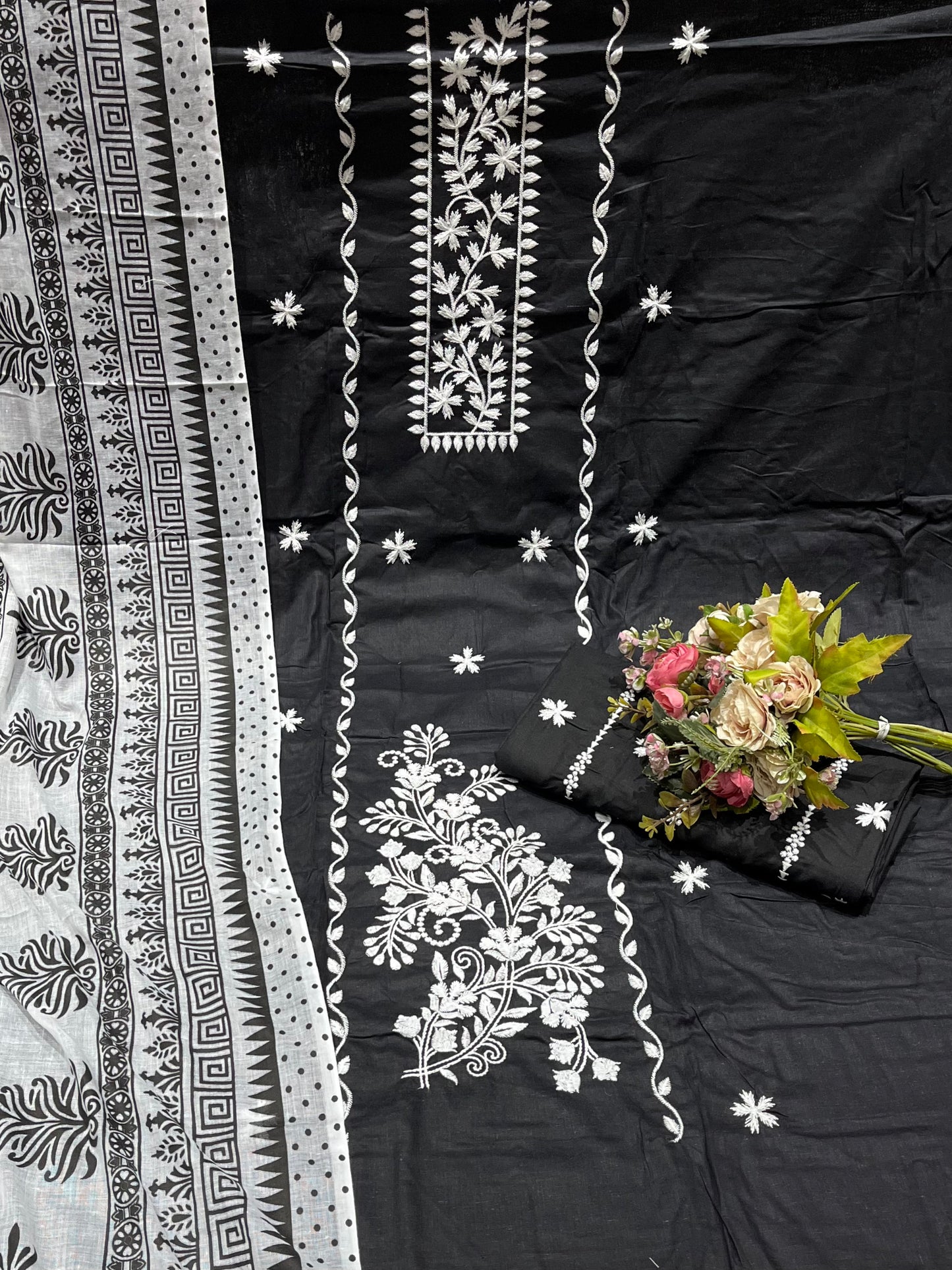 Cotton Embroidered Black Unstitched Salwar Dress Material With Dupatta