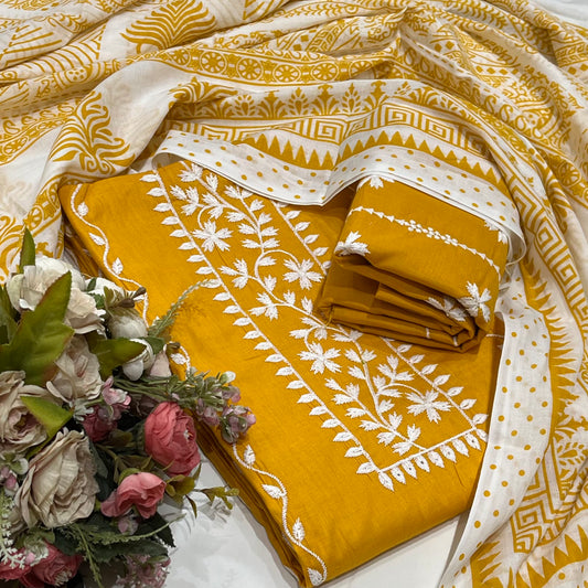 Cotton Embroidered Yellow Unstitched Salwar Dress Material With Dupatta