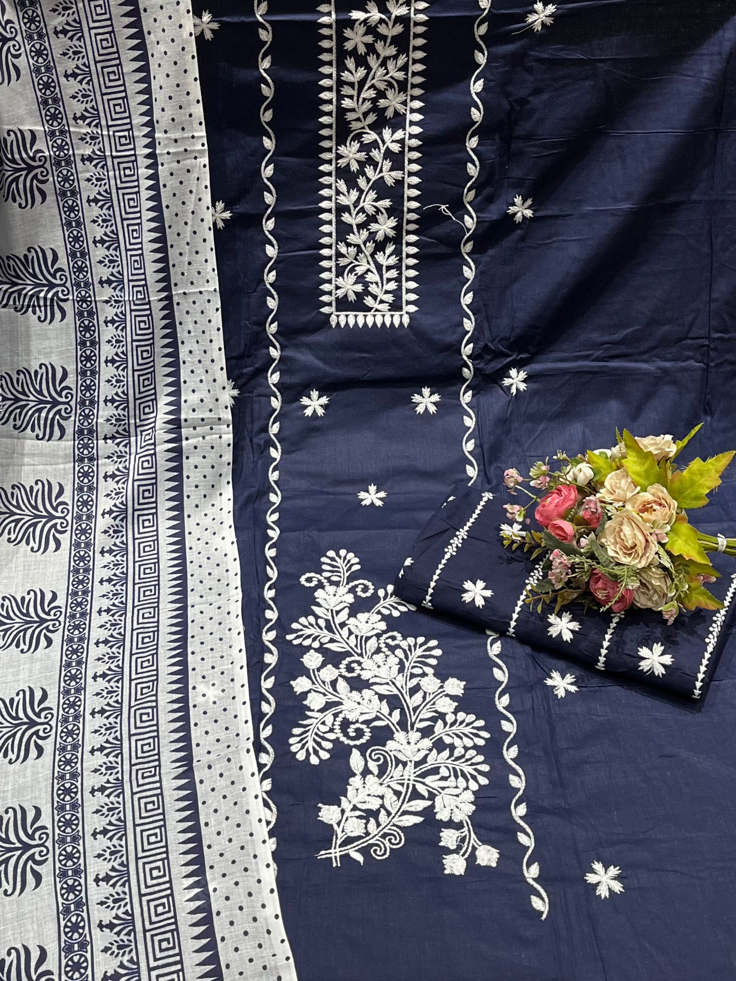 Cotton Embroidered Blue Unstitched Salwar Dress Material With Dupatta