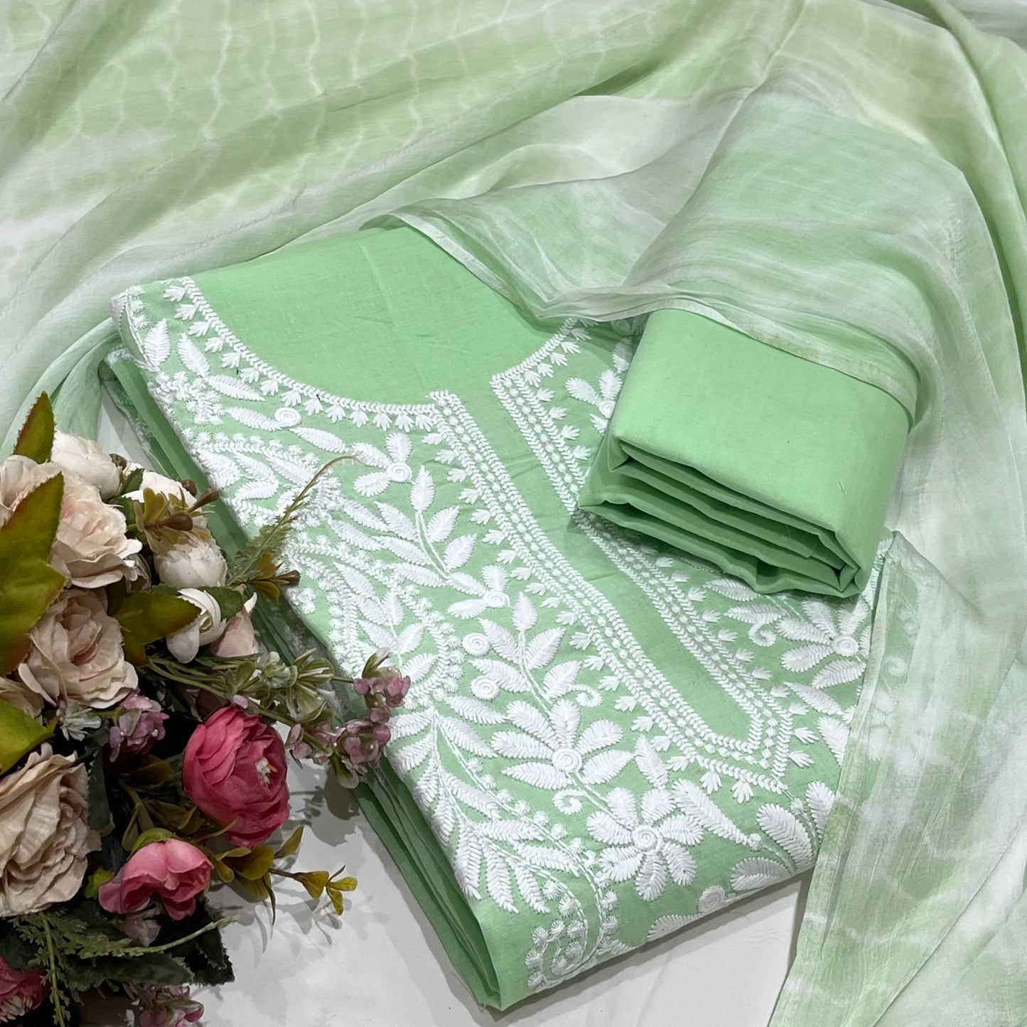 Cotton Embroidered Green Unstitched Dress Material With Dupatta