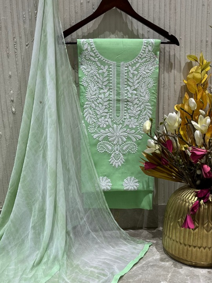 Cotton Embroidered Green Unstitched Dress Material With Dupatta