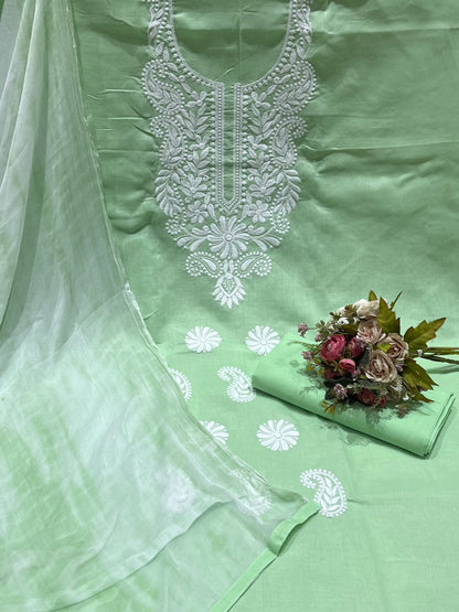 Cotton Embroidered Green Unstitched Dress Material With Dupatta