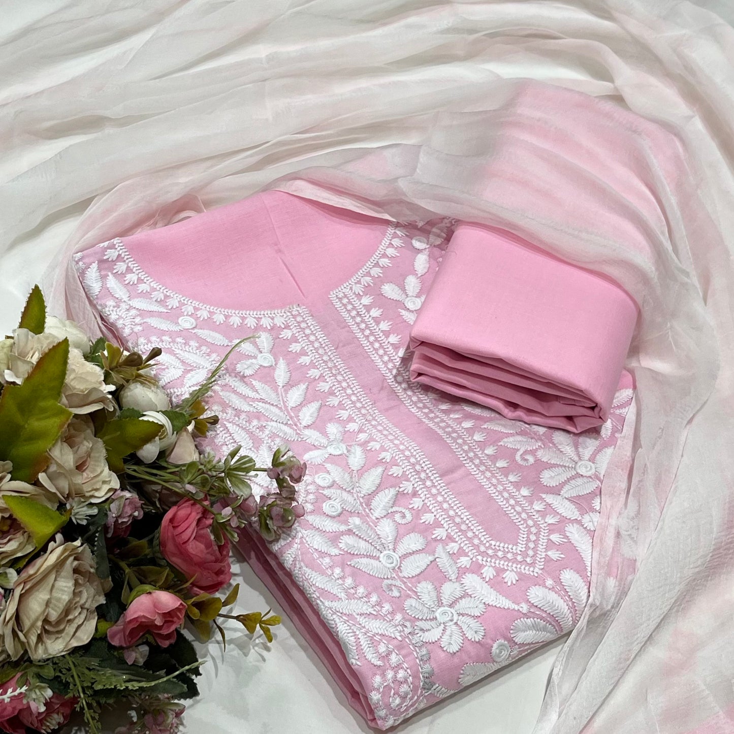 Cotton Embroidered Pink Unstitched Dress Material With Dupatta