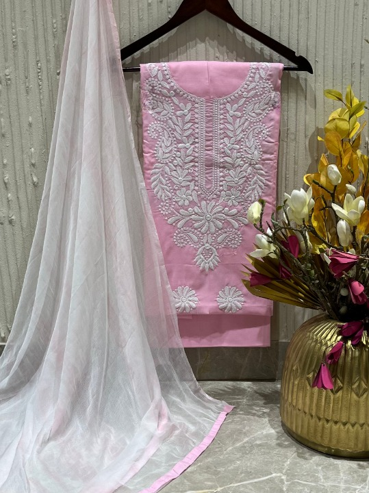 Cotton Embroidered Pink Unstitched Dress Material With Dupatta