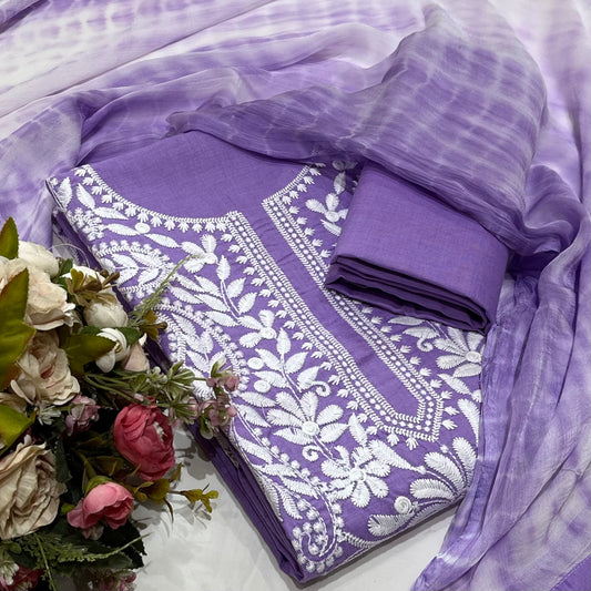 Cotton Embroidered Purple Unstitched Dress Material With Dupatta