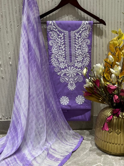 Cotton Embroidered Purple Unstitched Dress Material With Dupatta