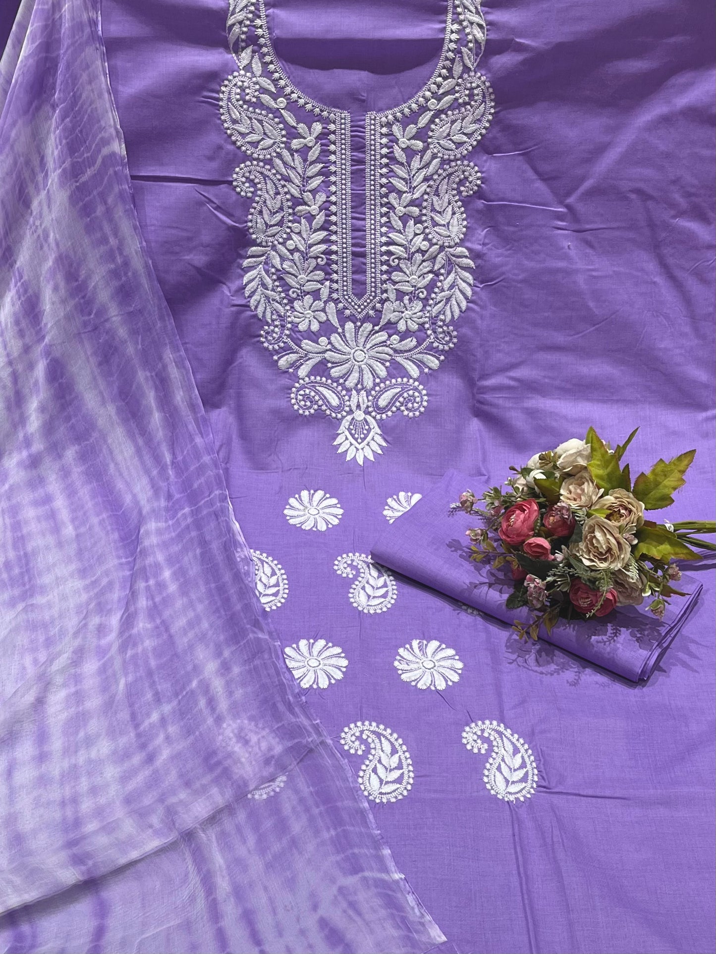 Cotton Embroidered Purple Unstitched Dress Material With Dupatta