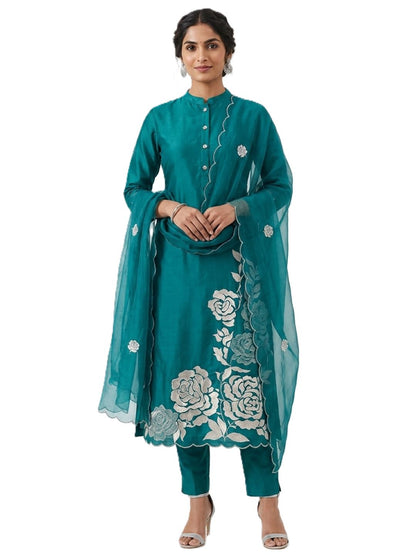 Silk Embroidered Green Unstitched Dress Material
