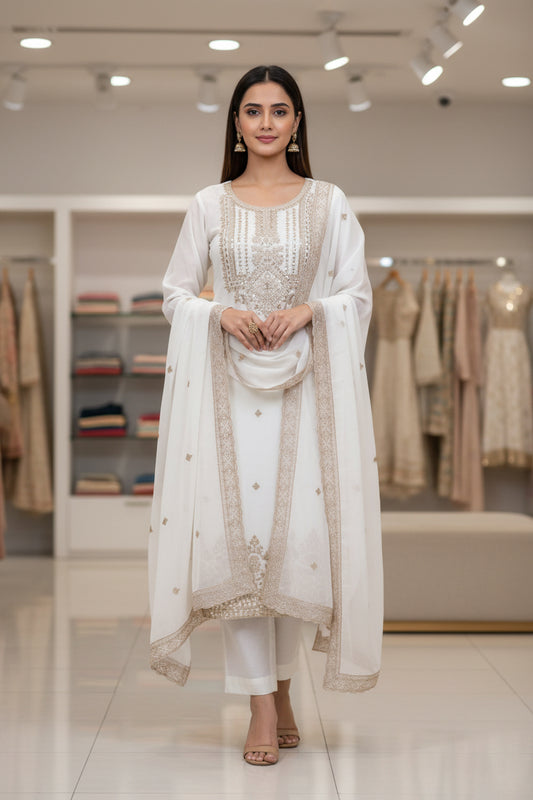 Georgette Embroidered Off White Unstitched Dress Material