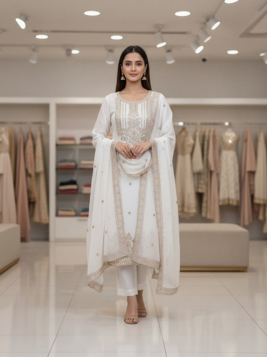 Georgette Embroidered Off White Unstitched Dress Material