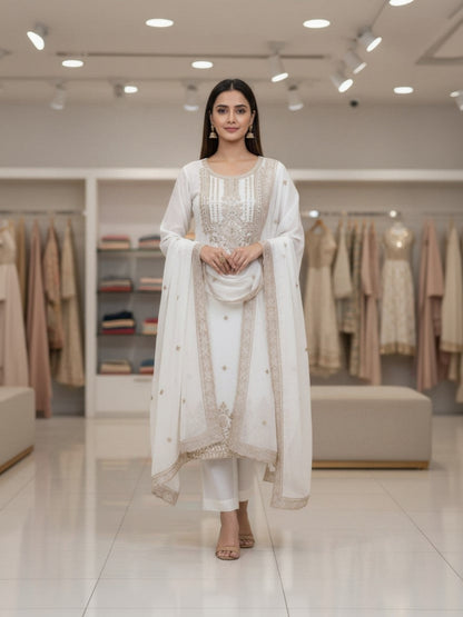 Georgette Embroidered Off White Unstitched Dress Material
