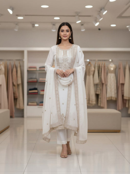Georgette Embroidered Off White Unstitched Dress Material
