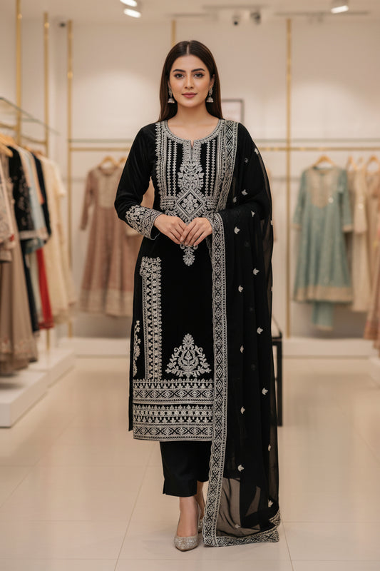 Georgette Embroidered Black Unstitched Dress Material