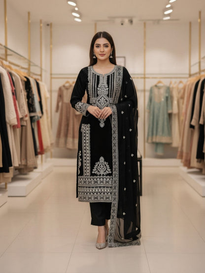 Georgette Embroidered Black Unstitched Dress Material