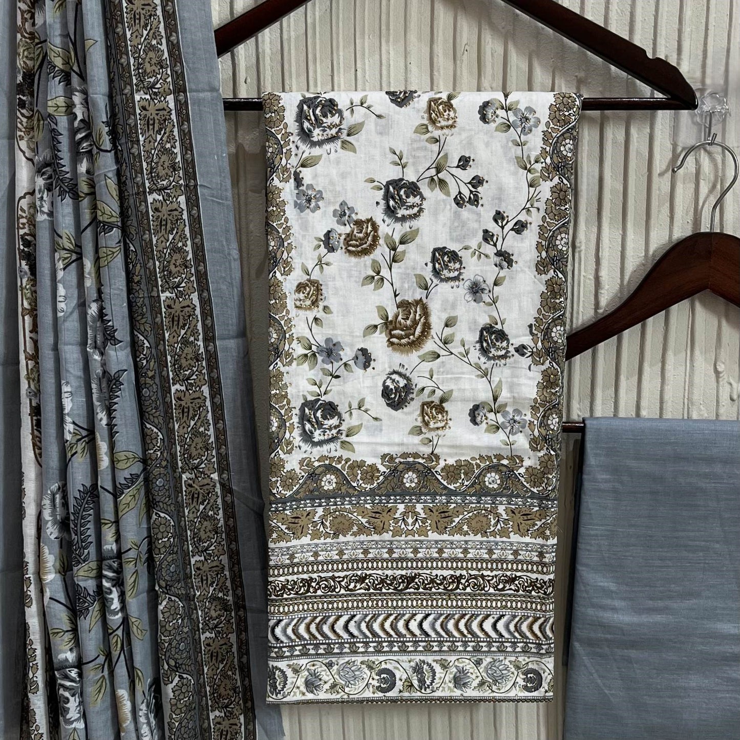 Grey Cotton Printed Unstitched Dress Material