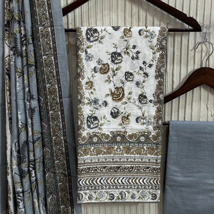 Grey Cotton Printed Unstitched Dress Material