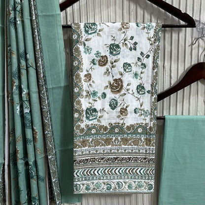 Green Cotton Printed Unstitched Dress Material