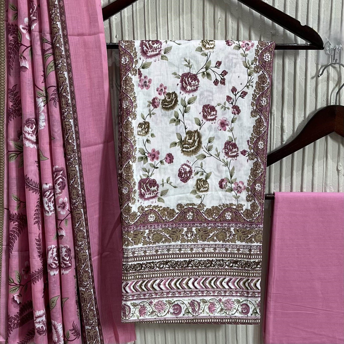 Pink Cotton Printed Unstitched Dress Material