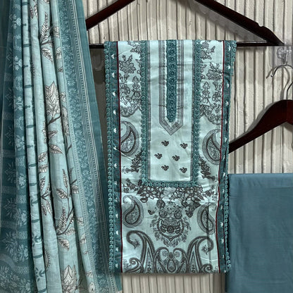Sea Green Cotton Printed Unstitched Dress Material