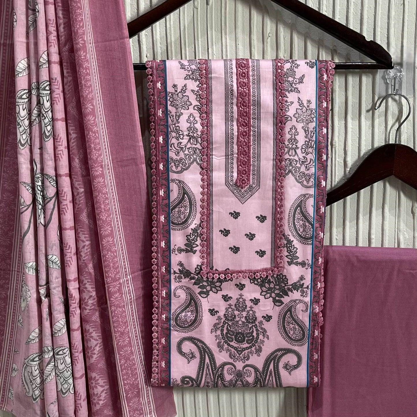 Pink Cotton Printed Unstitched Dress Material