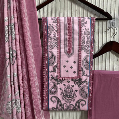 Pink Cotton Printed Unstitched Dress Material