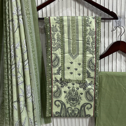Olive Cotton Printed Unstitched Dress Material