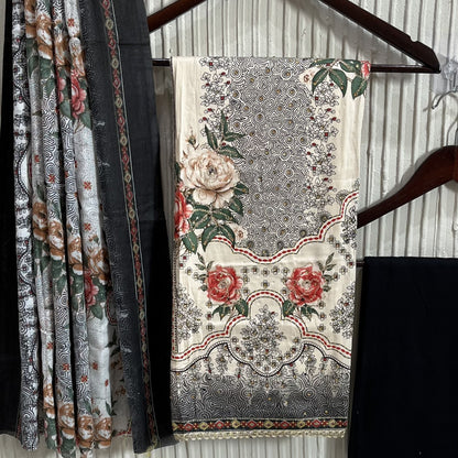 Beige Printed Unstitched Dress Material