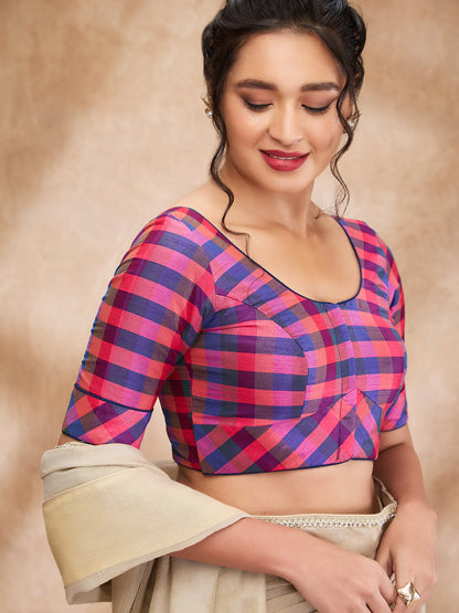 Navy Blue & Pink Silk Woven Round Checkered Blouse