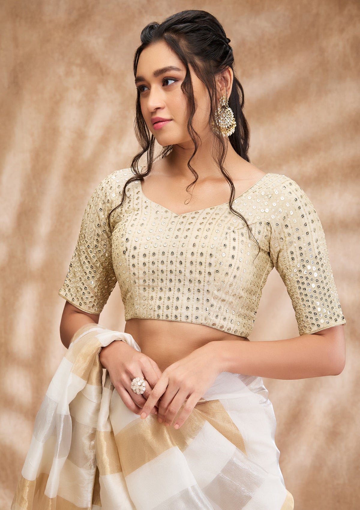 Light Gold Silk Sweetheart Neck Readymade Blouse